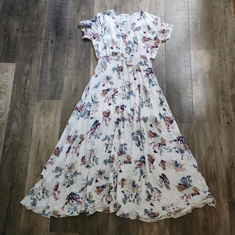 White Floral Maxi Dress Boho Button Up Split Summer Casual Long Modest